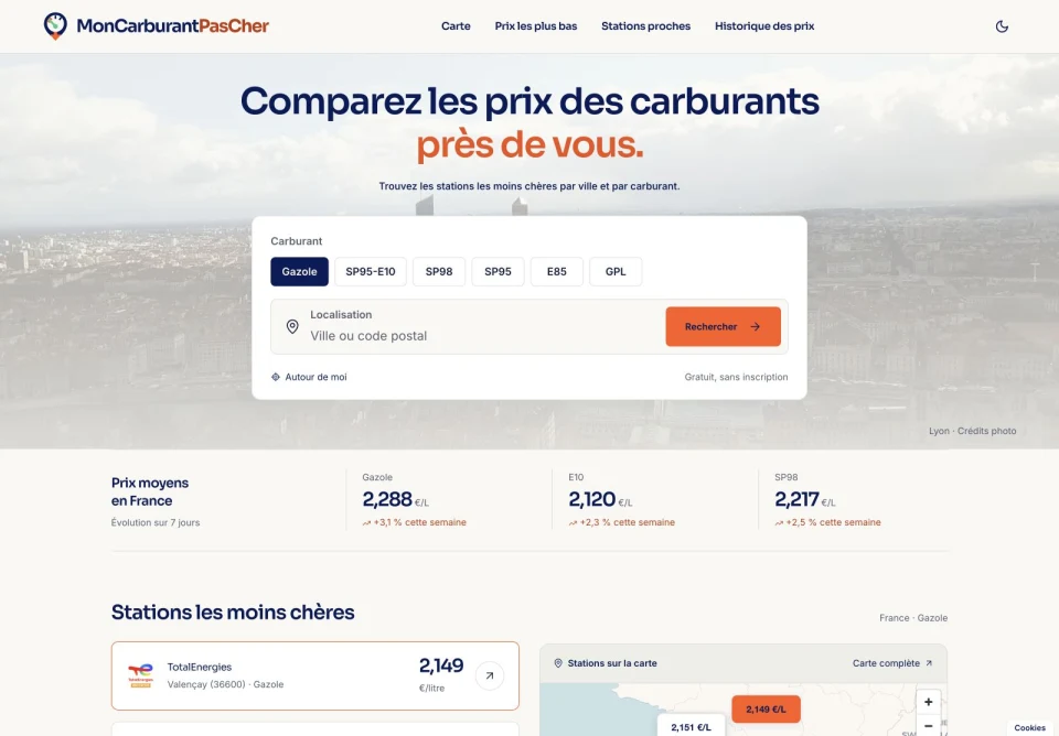Aperçu du site MonCarburantPasCher.com